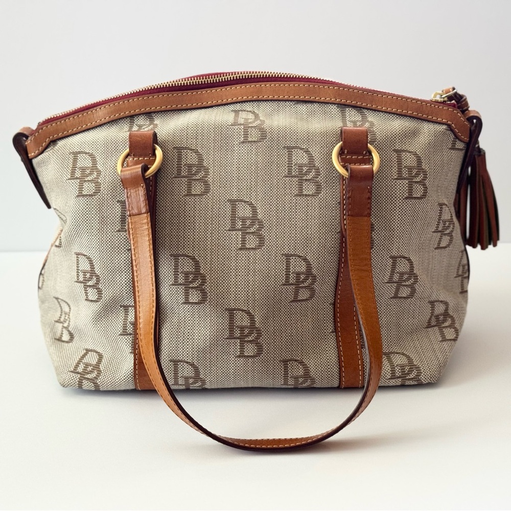 Dooney & Bourke DB Signature Canvas Satchel Brown Leather Tassel Red Lining - Picture 6 of 7